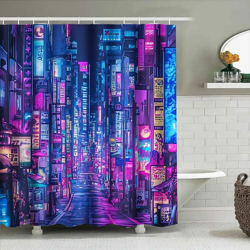 Cyberpunk Cityscape Shower Curtain Neon Signs Skyscrapers Futuristic Bathroom Decor Waterproof Durable Complimentary Hook