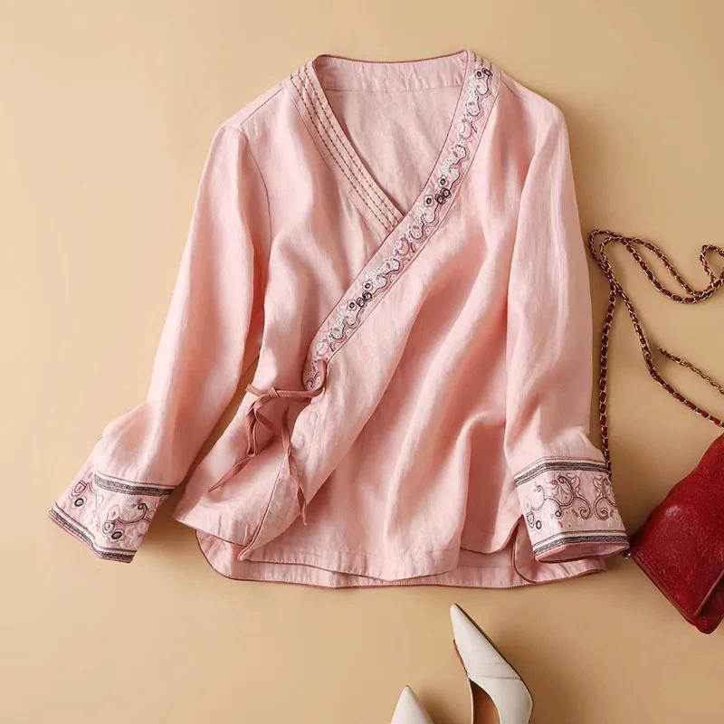 

Летняя женская одежда в этническом стиле с хлопковым и льняным топом с косым воротником и вышивкой, художественный ретро-свободный и улучшенный древний стиль ханьфу XXXL