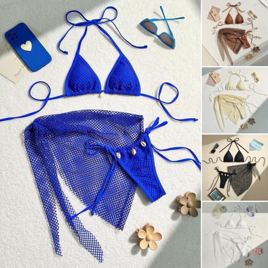 Conjunto de Maiô 3 Peças/Conjunto Halter Almofadas no Peito Sutiã Sem Aro Calcinha de Natação Saia Cover Up Conjunto Biquíni Cortado Maiô de Rede