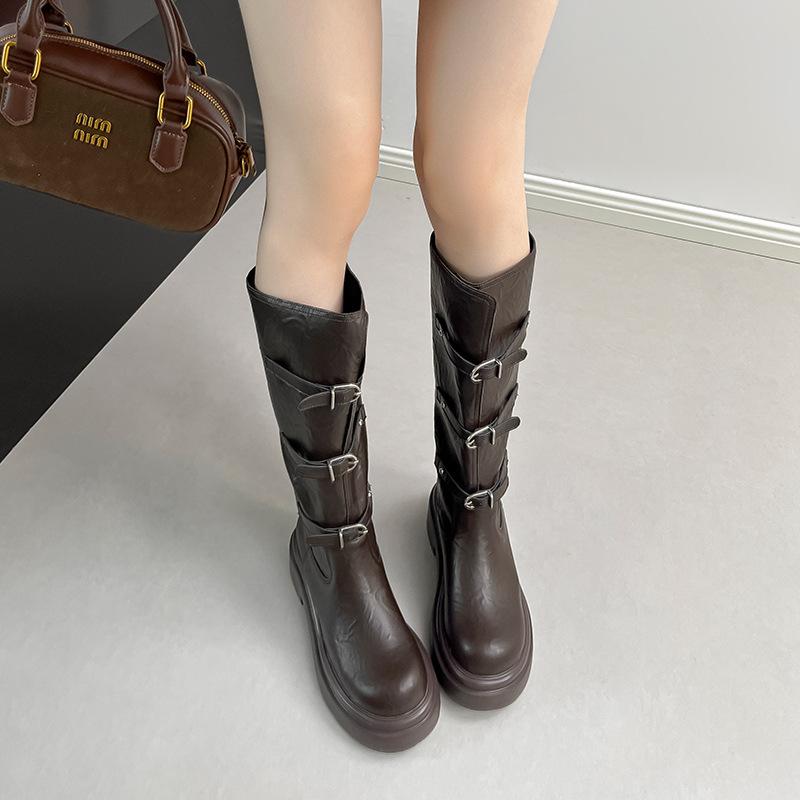 Retro Round Head Belt Buckle Slim Tall Knight Boots 2025 Autumn and Winter New Thick-soled Thick-heeled Boots Women's Martin Boots