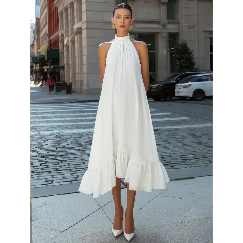 QICED Fashion Summer Spring Solid Color Print O-Neck Sleeveless  Casual Dresses