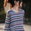 Women's High-End Plus Size Retro Striped Knit Sweater - Crew Neck, Long Sleeve for Autumn & Winter