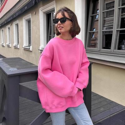Women's European & American Oversized Fleece Crew Neck Sweatshirt - Solid Color for Autumn/Winter 2025