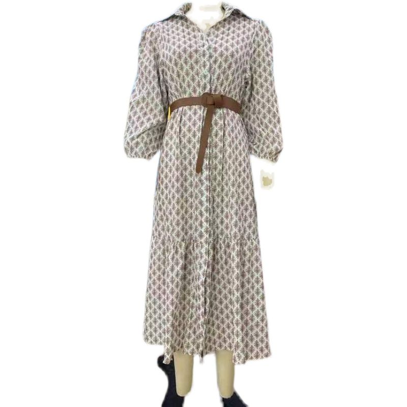 

Fashion New Arrival Fashion Belt Print Single-Breasted Dress Bubble Sleeve Printed Dress Khaki L