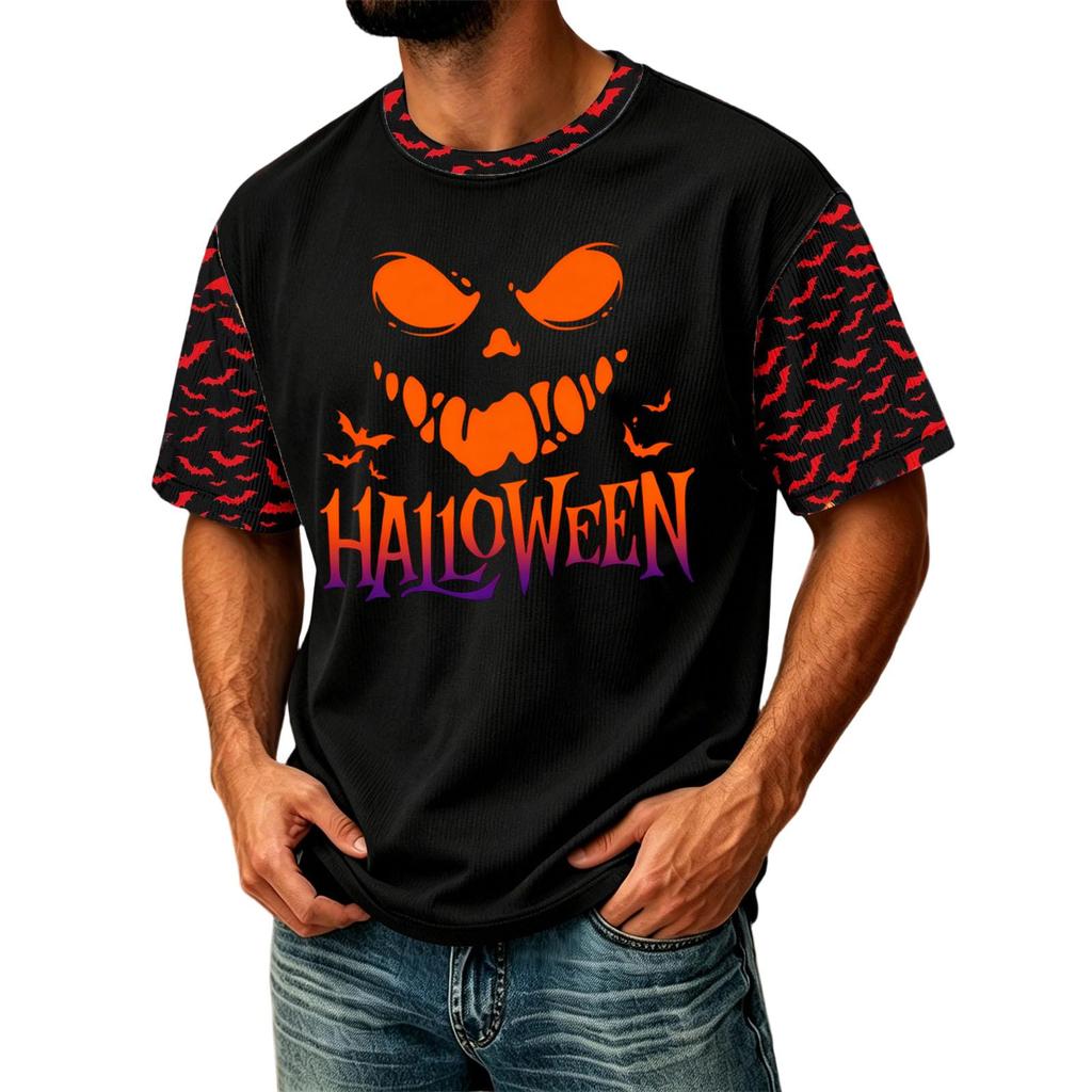 Men's Casual Corduroy Round Neck Lightweight Breathable Short Sleeve Top Halloween Print Lettering Design