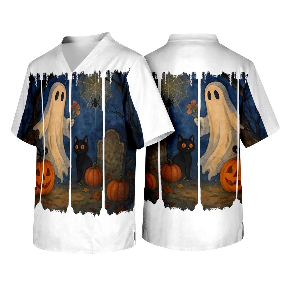 Men's V Neck Halloween Print Medical Scrub Top with Chest Pocket Short Sleeve Comfortable Fit Lightweight Fabric