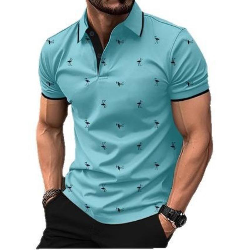 Men Fashion Flamingo Print Turn Down Collar Short Sleeve Casual Polo Shirt