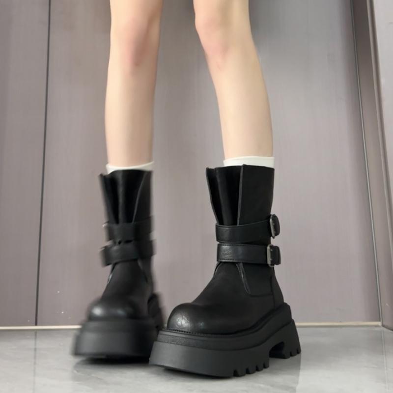 Vintage Platform Thick Heel Women Knight Boots Fashion Belt Buckle Height Increase Shoes Winter Punk Style Women'S Short Booties