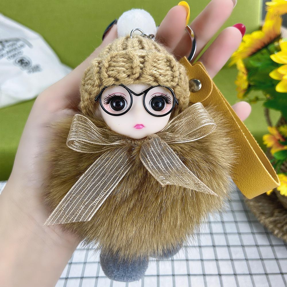 Pompom Sleeping Doll Keychain Cute Fluffy Plush Doll Keychains Women Girl Bags Keyrings Cars Key Ring Gift Charming Decoration