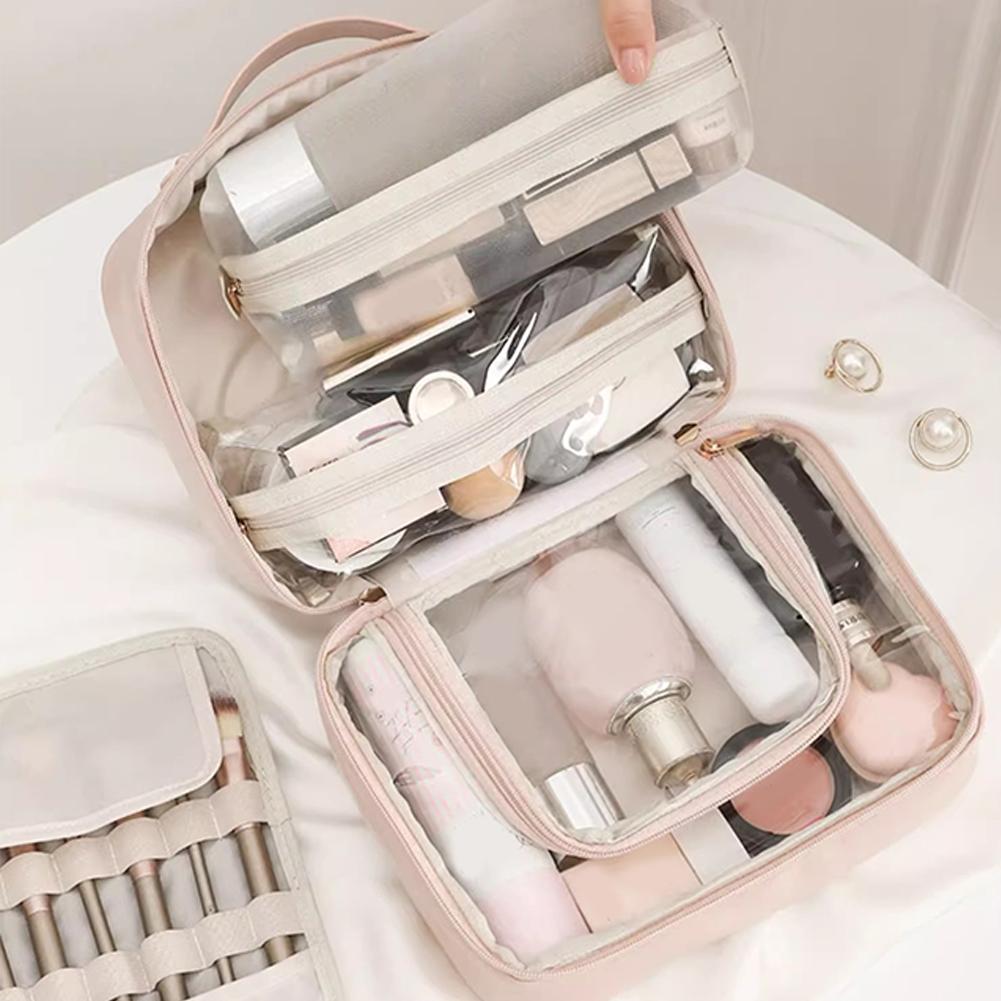 Multi-Compartment Travel Makeup Bag Portable PU Leather Large Wash Bag Large Capacity Make Up Storage Bag Outdoor Makeup Bag