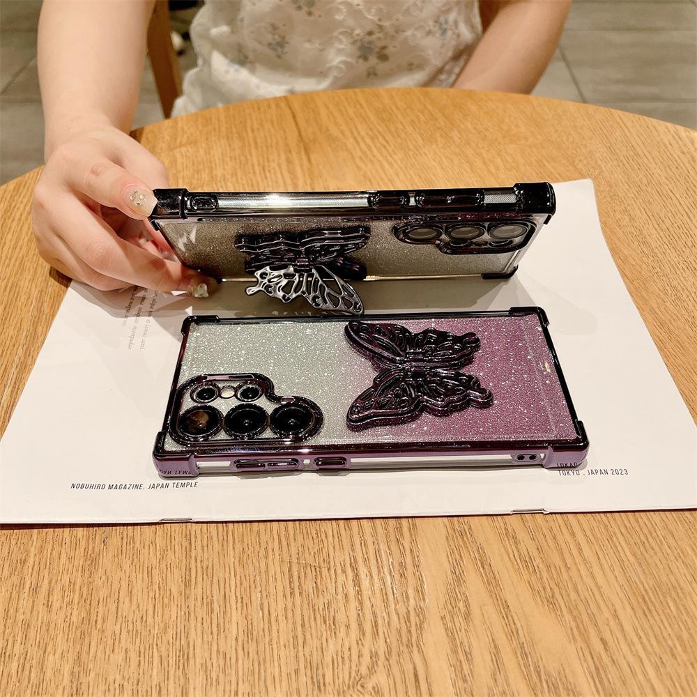 Suitable for Samsung S25 Ultra Mobile Phone Case S24FE Butterfly Stand Gradient Glitter Shell S23 Four Corner Anti Fall Protection