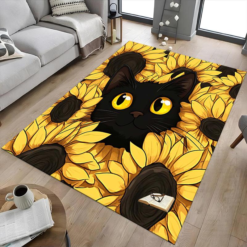 1PC Black Cat Sunflowers Anti-slip carpet, suitable for Office, bedroomand playrooms. It can also be used as a sofa footrest cover-W93
