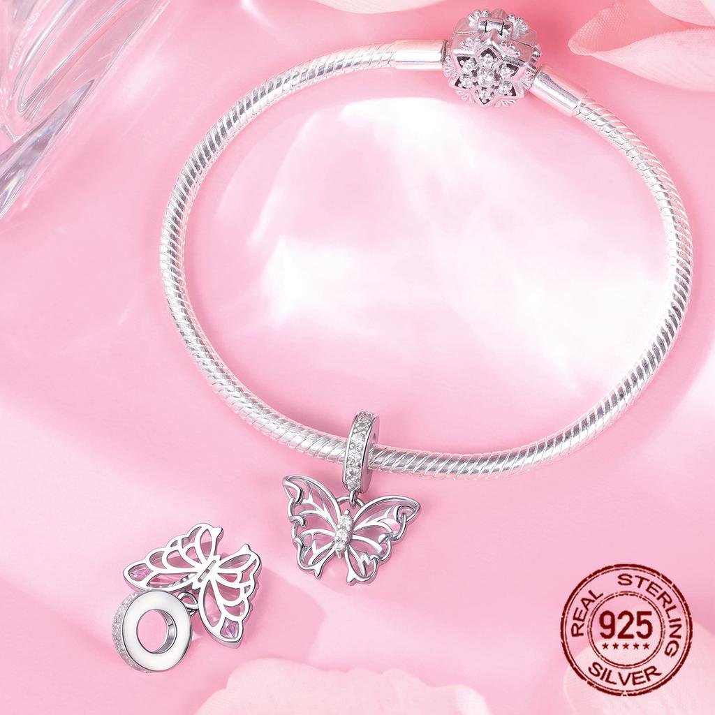 copper Transparent Pink Grace Dreamy Butterfly Pendant Charm Compatible With Authentic Charm Bead Charms Bracelets Women Do It Yourself Jewellery Gift