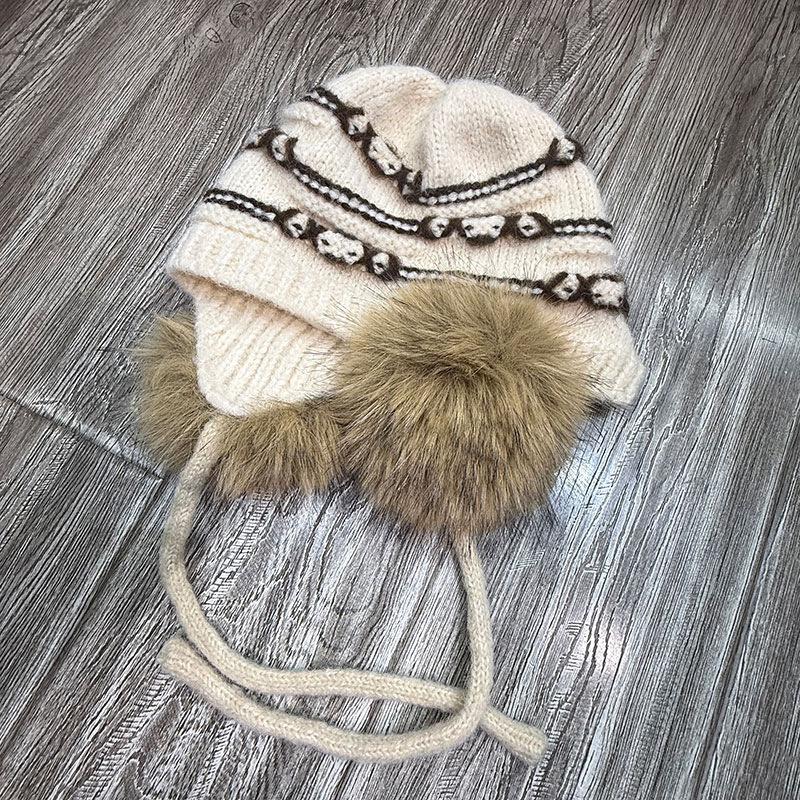 Maillard Striped Ear Bag Japanese and Korean Women's Geometric Jacquard Wool Hat Winter Windproof and Cold Ear Protection Lei Feng Hat