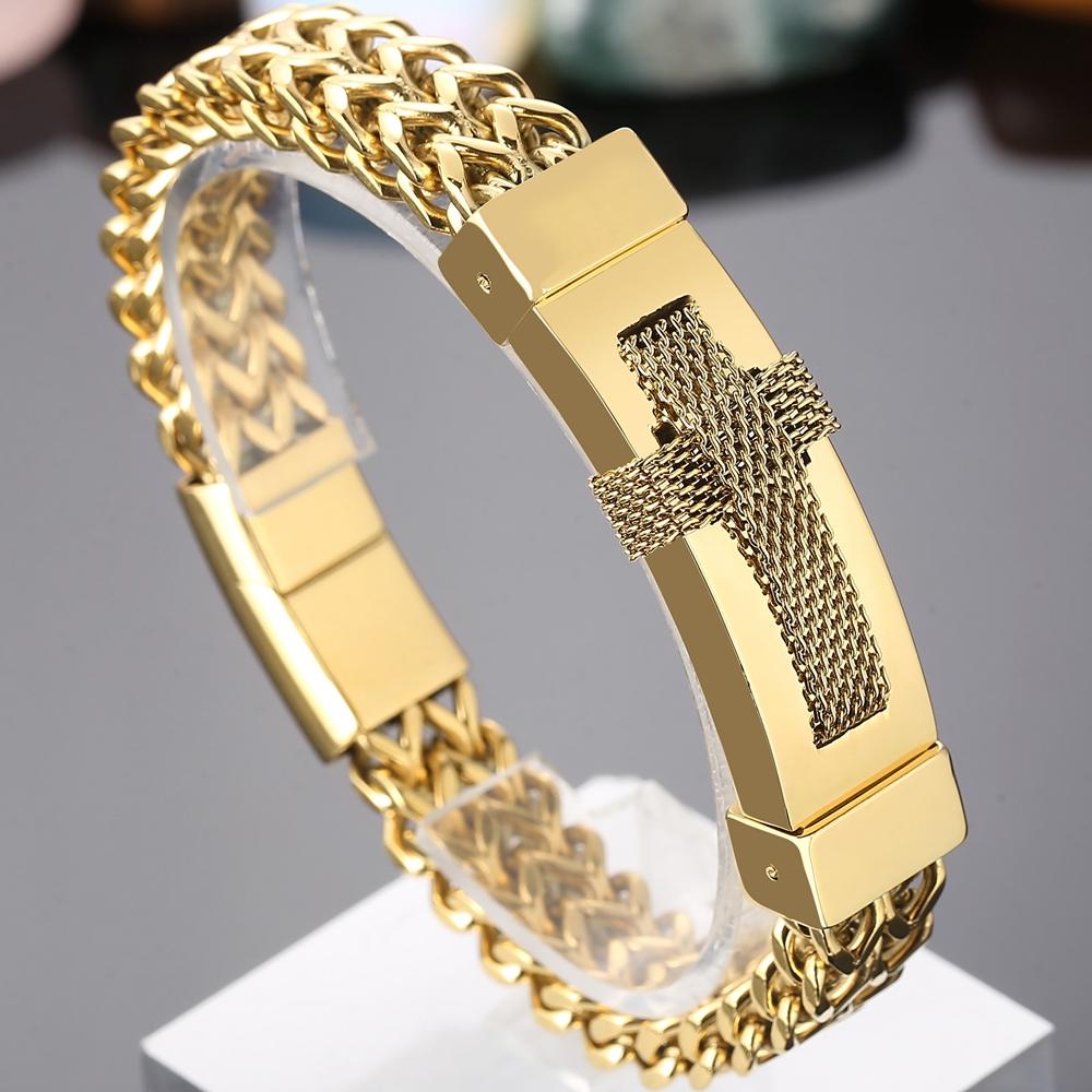 

Христианский браслет с крестом для мужчин, золотой цвет, нержавеющая сталь 316L, мужские браслеты на руку, мужские ювелирные аксессуары 22CM золотой