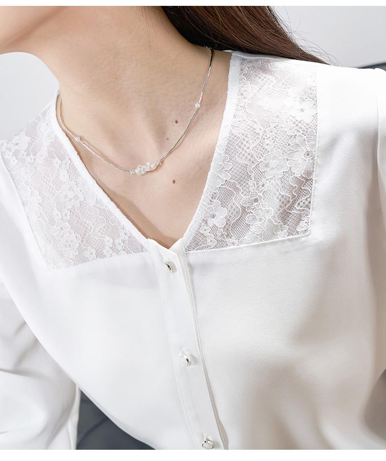 French style lace patchwork V-neck long sleeved shirt for women commuting
