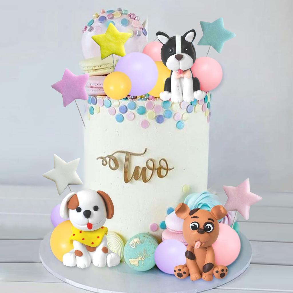 Dog Cake Topper Clay Figurines Puppy Star Yellow Pink Purple Ball Cake Topper for Dog Theme Birthday Dog Pet Party Supplies