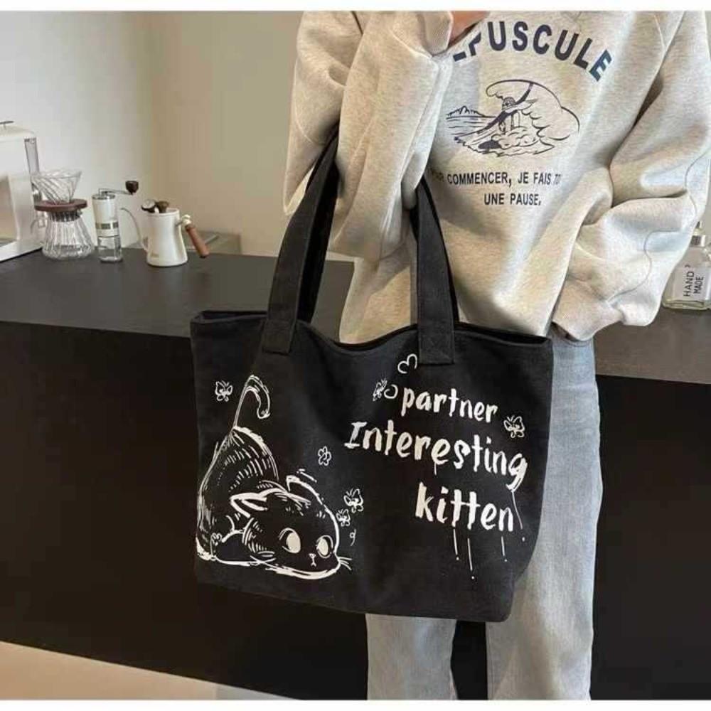 Fashion Cute Cat Tote Bag Large Capaci Canvas Shoulder Bag Casual Commuting Bag Women's Handbag Student