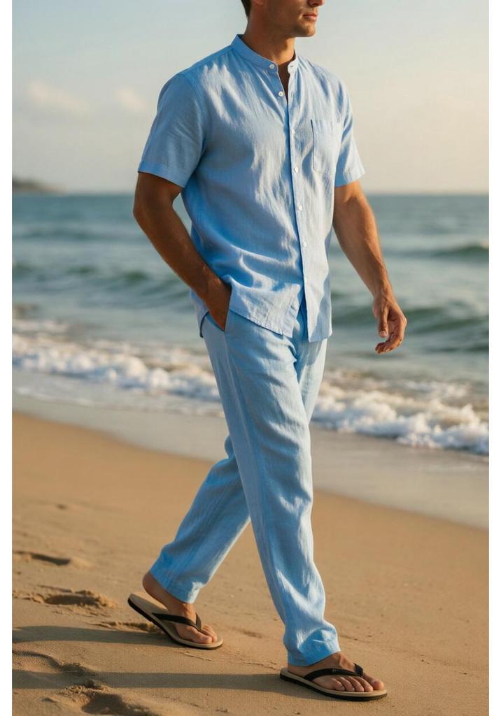 Men’s European Size Linen Summer Sportswear Set: Short-Sleeve Shirt & Pants