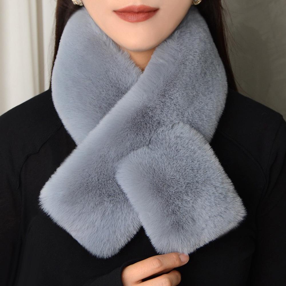 Winter Warm Plush Cross Scarf Thickened Soft Neckerchief Wrap Solid Color Faux Rabbit Fur Scarf Autumn Winter