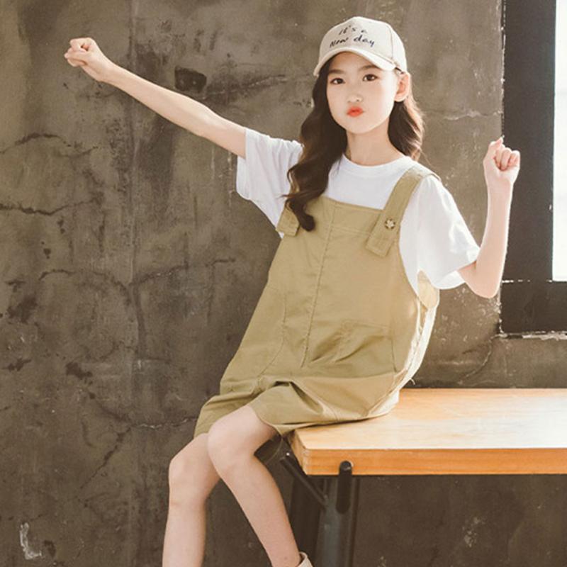 2 Pcs/set Children  Suit Cotton Solid Color Short-sleeve Top + Bib Pants Suit For 7-12 Years Old