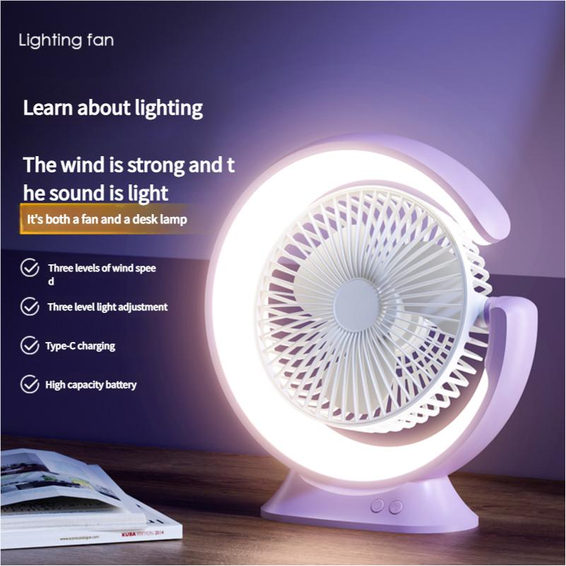 New Design Hot Selling 2 in 1 Multifunctional Moon Shape Portable Adjustable Rechargeable 3 Speed Table Fan with LED Light