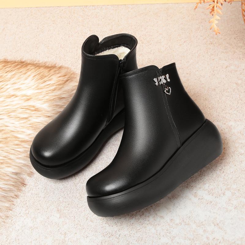 Round Head Short Boots Women's Autumn and Winter Cotton Shoes, New Leather Shoes Platform Women's Shoes Muffin Shoes Side Zipper Velvet Women's Boots