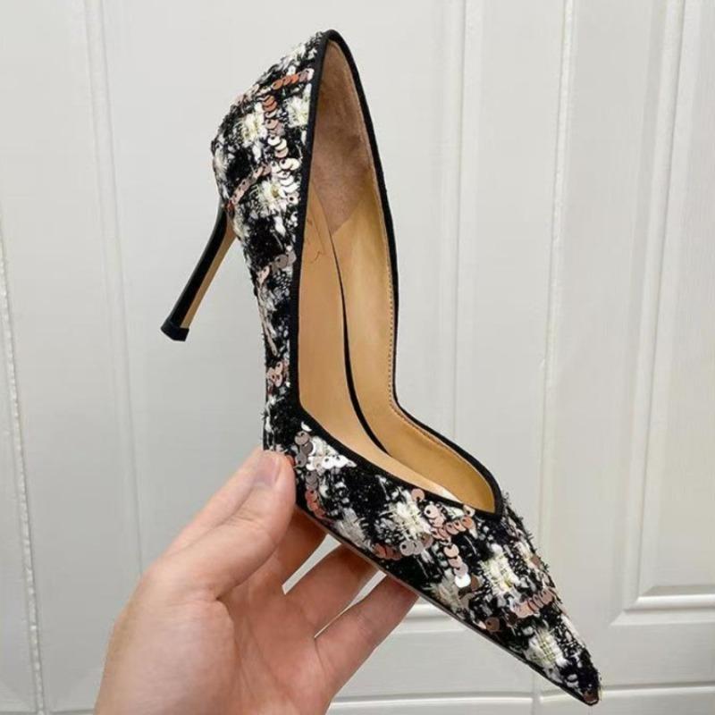 2025 Spring New High-heeled Women's Fashion Pointy Light Mouth Sequin Cloth Slip-on Slip-on Wear-resistant Fine Heel Shoes