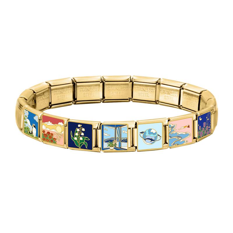 Y2K Gold Color Bear Cat Blue Sky Rose Flowers Moon Italian Charm Link Fit 9MM Stainless Steel Bracelet Women DIY Making Gifts