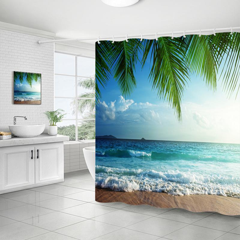 Shower Curtain Bathroom Fabric Non-Punching Beach Natural Scenery Digital Printing Shower Curtain With 12 Hooks