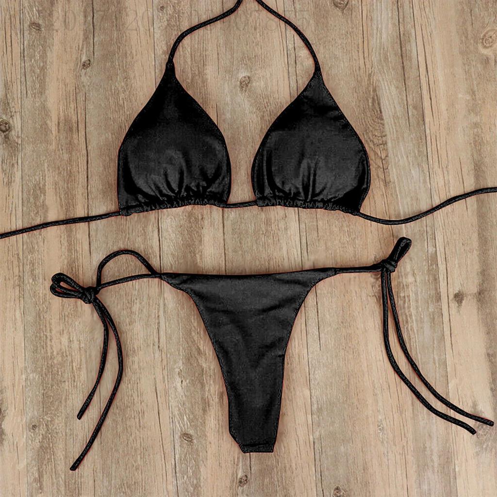 New solid color bikini neck strap swimsuit women's split strap adjustable multi-color set