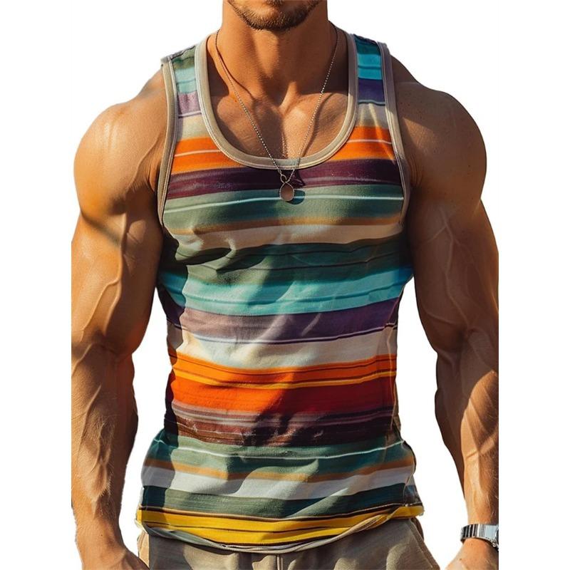 Canottiere Grafiche a Strisce Retro da Uomo Moda Casual Estive Senza Maniche Gilet Stampato 3D Largo Girocollo Magliette Sportive Asciugatura Rapida