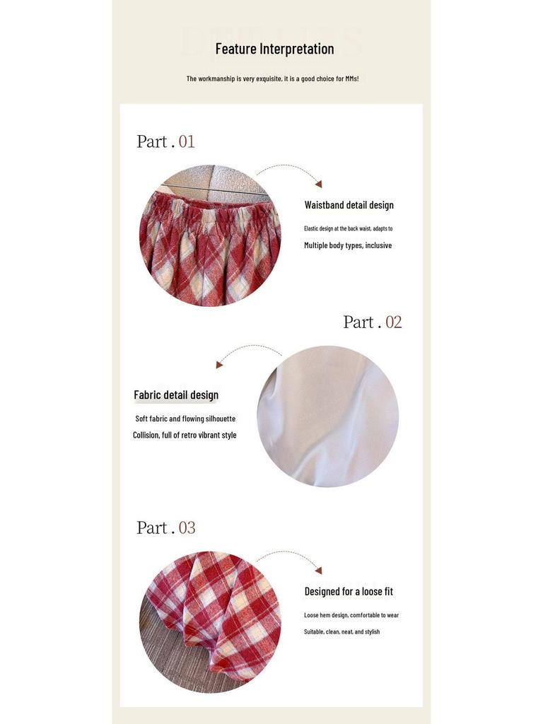 Plus Size Retro Red Plaid Woolen High Waist Slimming Mid-Length Skirt for Autumn/Winter.
