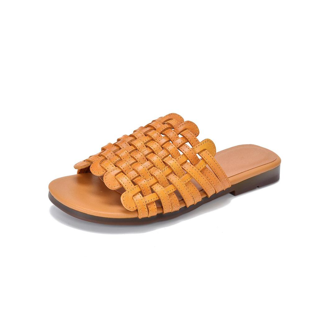 Johnature Chaussons Plats d'Extérieur en Cuir Véritable Tissés à la Main Chaussures Slip-on Décontractées Polyvalentes pour Femmes