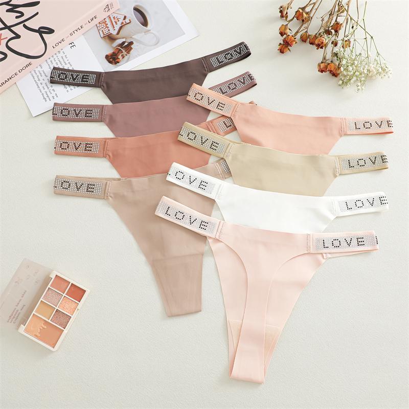 3Pcs Sexy Seamless Women's Underwear Low Waist Rhinestones Letter Thong Solid Stretch G-string Ladies Sports Bikini Lingerie New