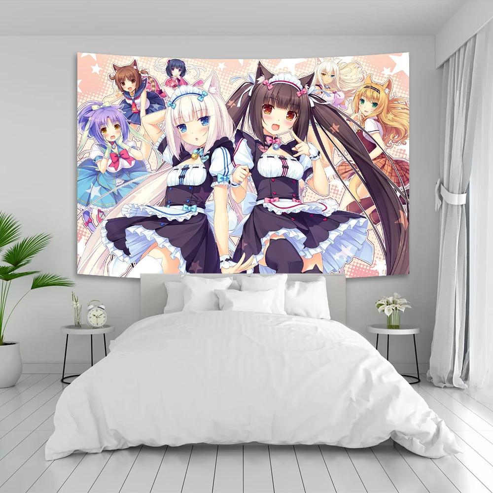 VIKAMA Anime Girl Tapestry Cat Ear Maid Kawaii Japanese Cartoon Ins Style Wall Decor for Bedroom