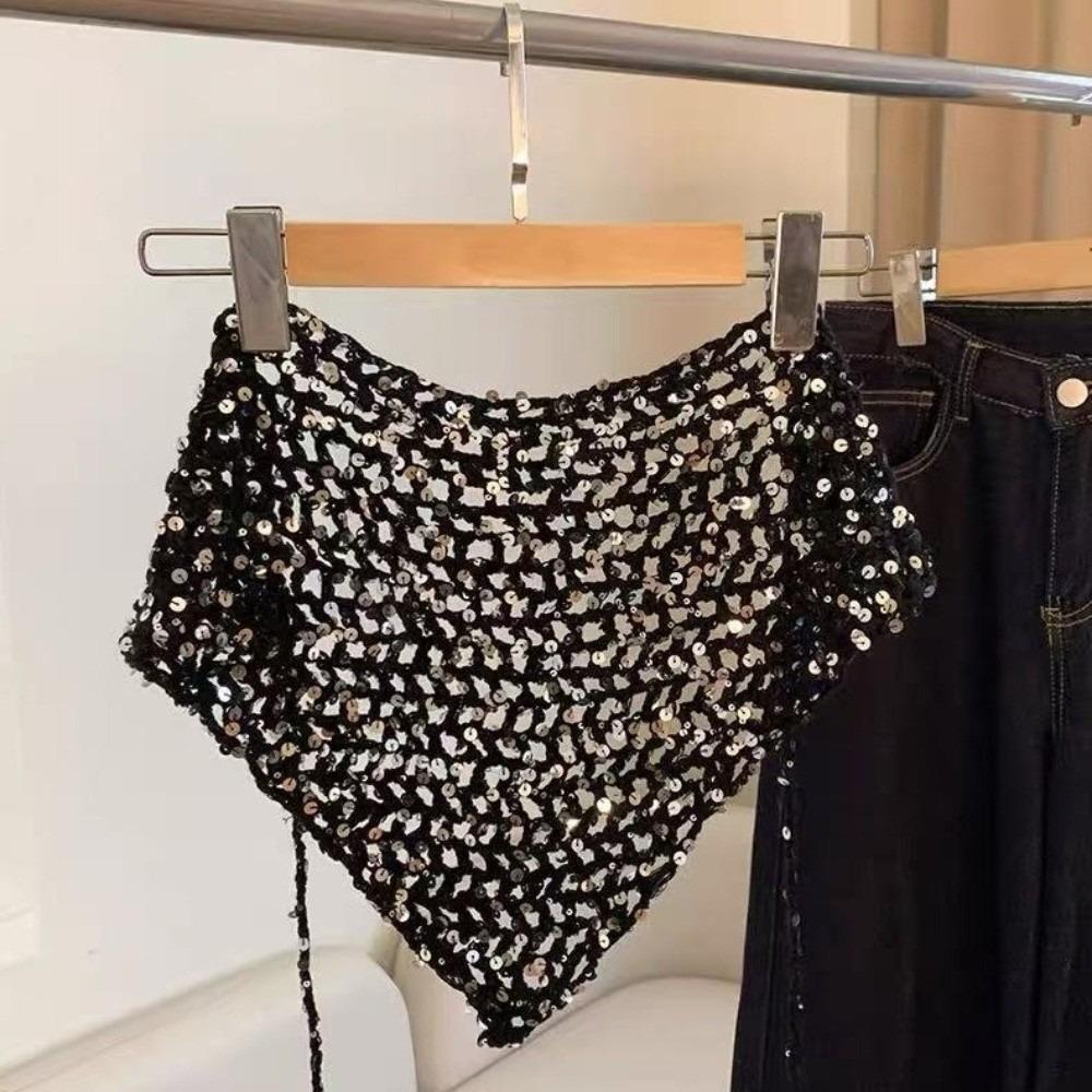 Треугольный вязаный шарф с пайетками и бахромой, богемный ажурный шаль, элегантный вязаный крючком платок на голову, женский чёрный