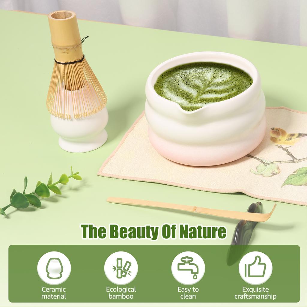 7pcs Pink Heart Decal Ceramic Matcha Set, Cute Matcha Set Includes Matcha Bowl, Matcha Whisk and Holder, Bamboo Scoop, Sifter