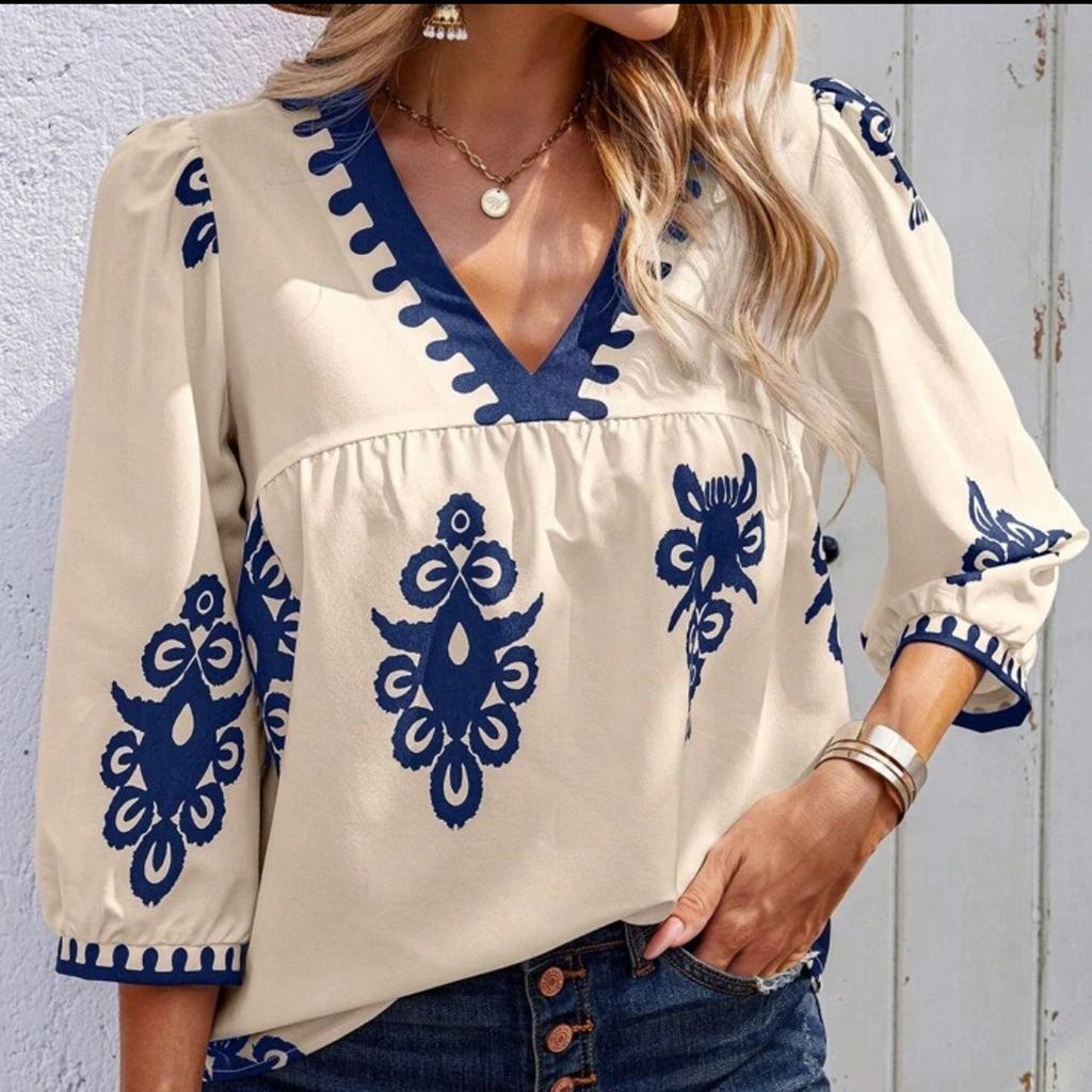 Women's Casual Loose And Fashionable V-Neck Printed Top, Fashionable Top Fashionable Top