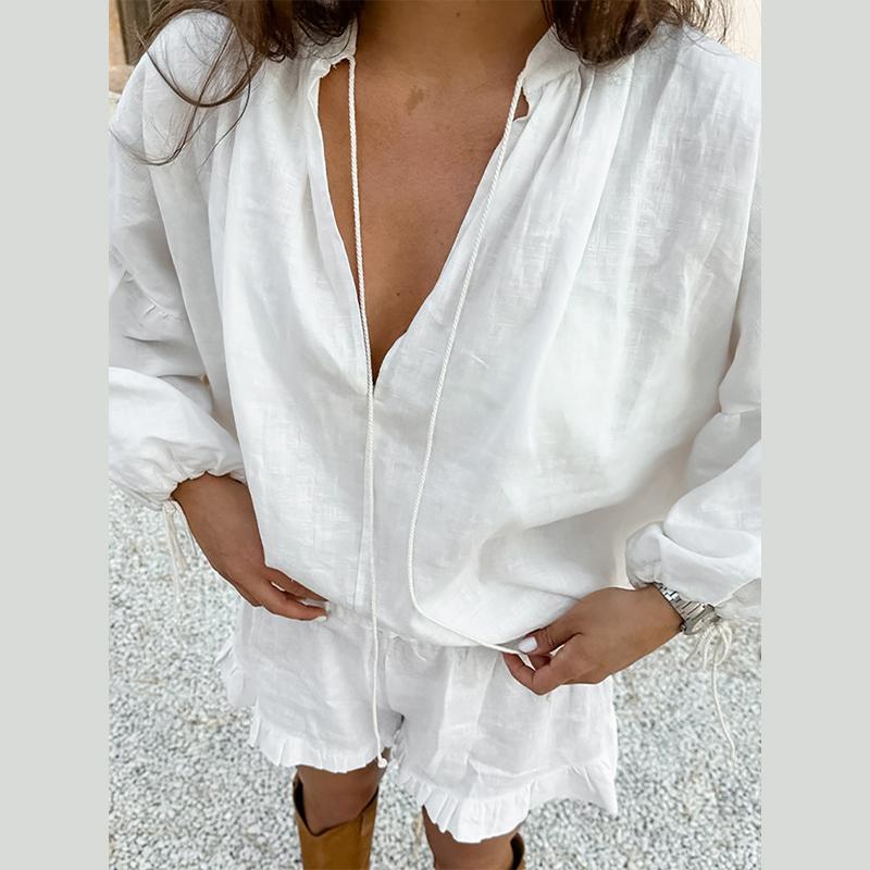 Damen Freizeit Baumwolle Leinen Rüschen Shorts Anzüge Langarm Kordelzug Leinen Pullover 2-teiliges Set Sommer Damen Strand Outfit Bluse