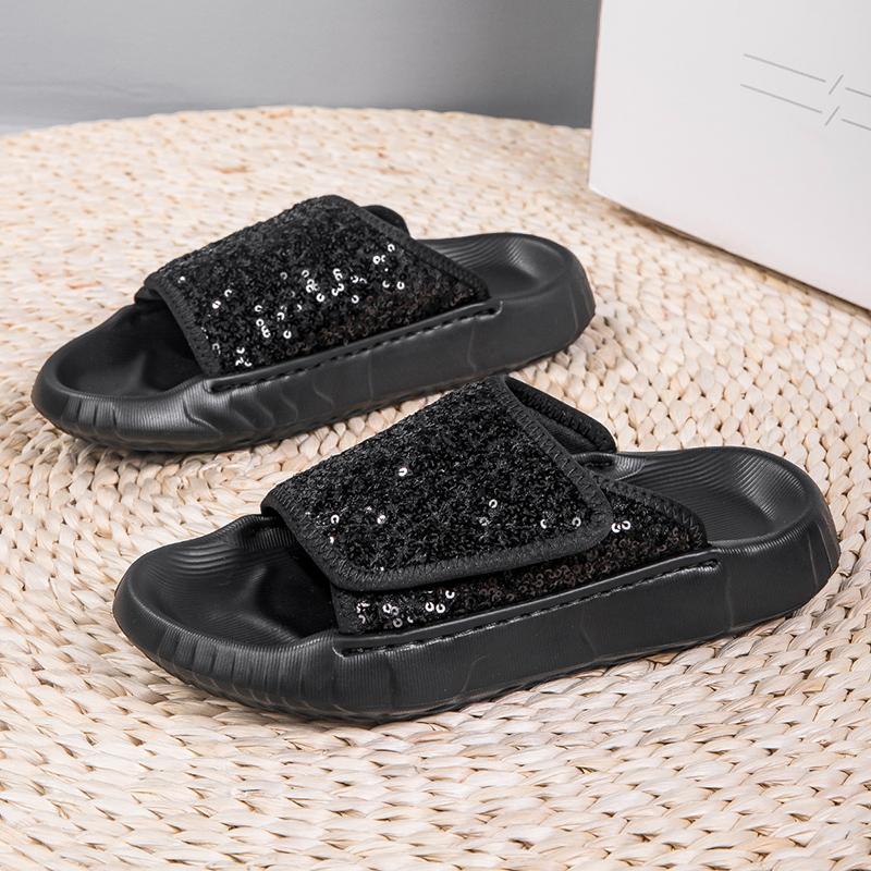 

TUINANLE летние тапочки с кристаллами женские сандалии на плоской подошве женские тапочки женские с круглым носком блестящие 42