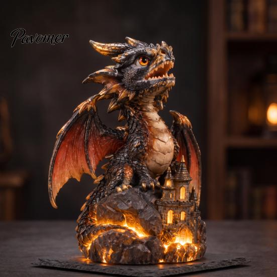 Creative Shelf Decor Light Up Dragon Figurine, Resin Gothic Castle Statue, Decorative Home Fantasy Creature Ornament for Home, Office Table, Desk