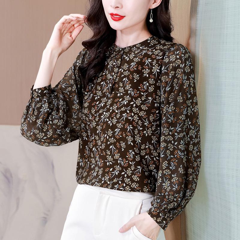 Long-sleeved Floral Chiffon Stand Collar Blouse for Women In Autumn New Chic and Beautiful Small Shirt Loose Belly Cover Top