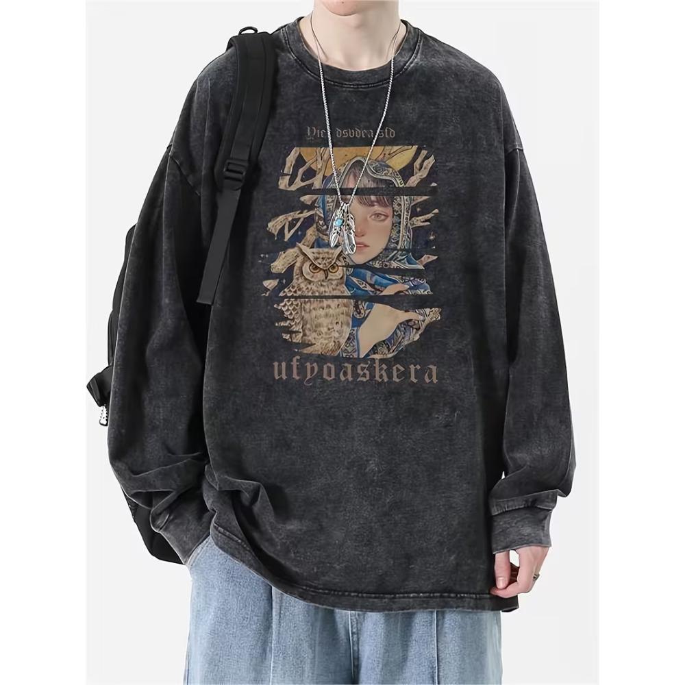 Washed Cotton Vintage Angel Print T-Shirt Retro Cherub Graphic Tee Loose Short Sleeve for Streetwear Daily Wear