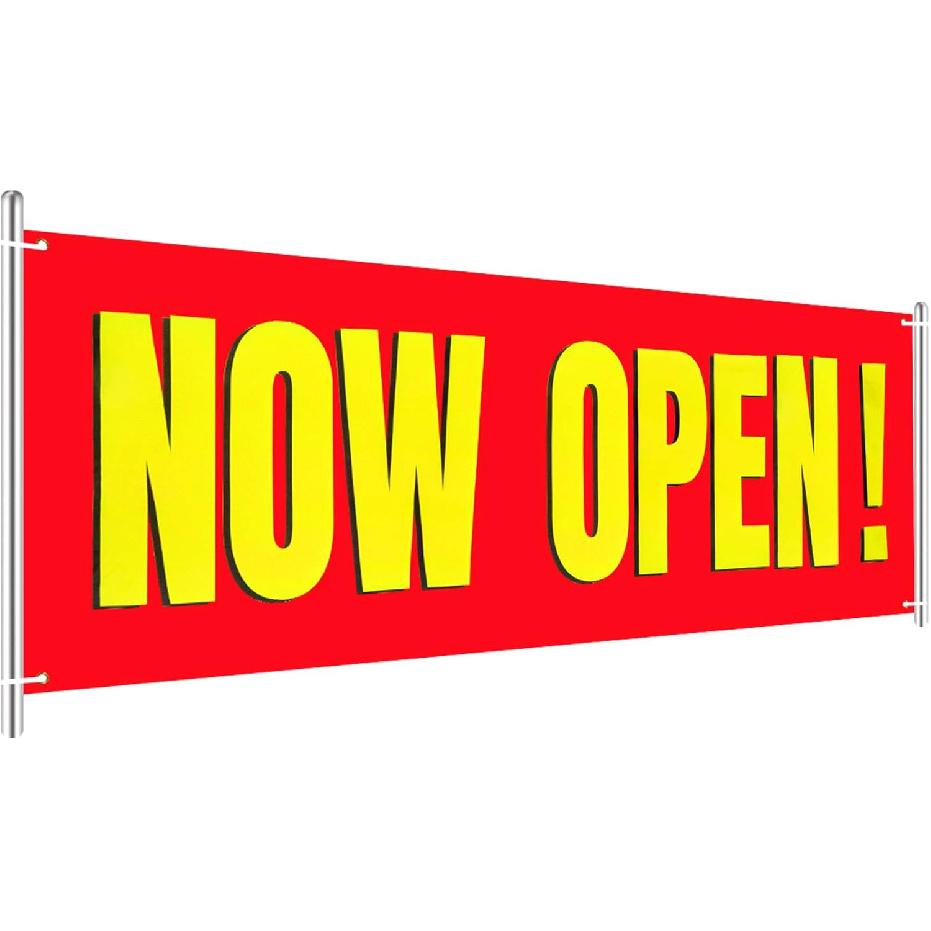 Large Now Open Banner Outdoor Indoor Signs Polyester Oxford Cloth Now Open Sign Hanging Banner for Lawn Outside Business Shop Decoration, 3 x 8 Red Background with Yello