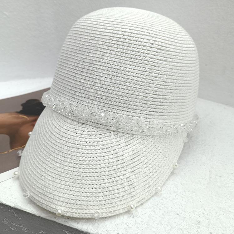 Pălărie ecvestră cu limbă de rață țesătă din paie cu perle de cristal Pălărie de paie de cavaler versatilă coreeană pentru femeie de vară Pălărie de soare la modă ocazională