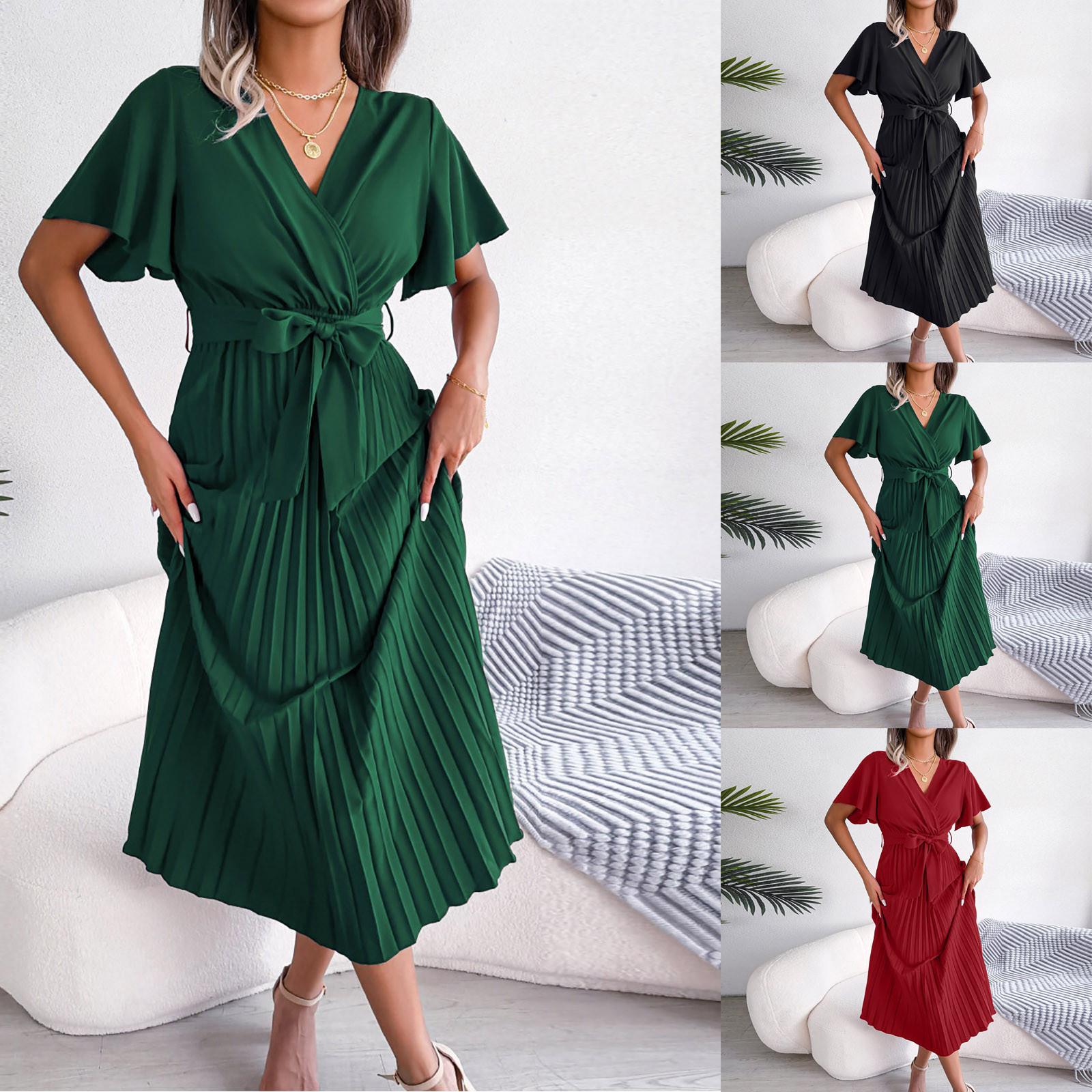 

Temperament Female Spring And Summer Cross V-neck Large Pleated Dress