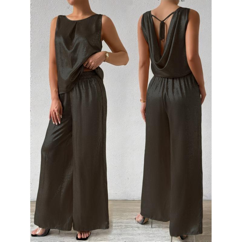 Women's Fashion Summer Sleeveless Vest Top High Waist Drop Wide Leg Trouser Suit