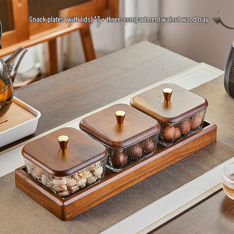 Luxury Glass Divided Serving Platter with Wooden Tray