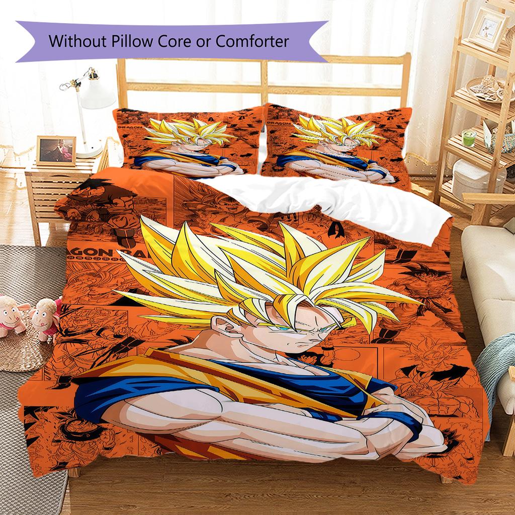 Ropa de cama con estampado de Son Goku, Juego de colcha, Funda de colcha, Funda de almohada, Regalo de cumpleaños para el hogar (1 * funda nórdica + 2 * fundas de almohada, sin núcleo)